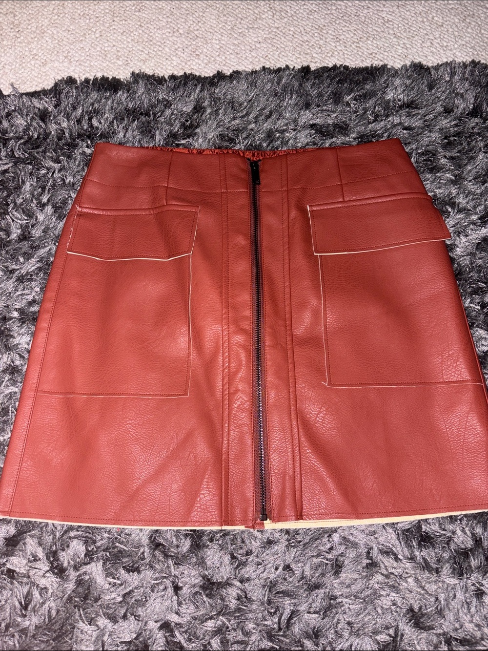 Women’s Rust Faux Leather A-Line Skirt with Front Zip
